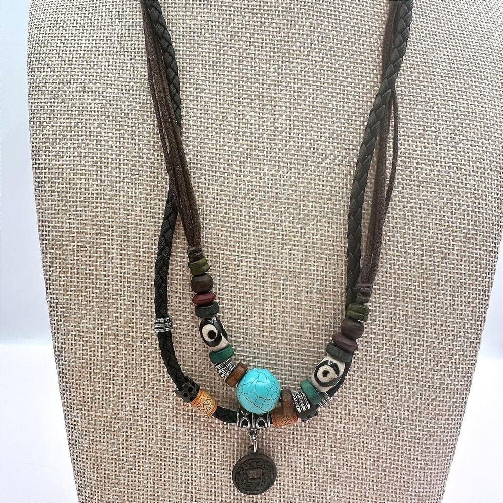 Vintage 90s Boho Double Strand Braided Leather Turquoise Coin Pendant Jewelry